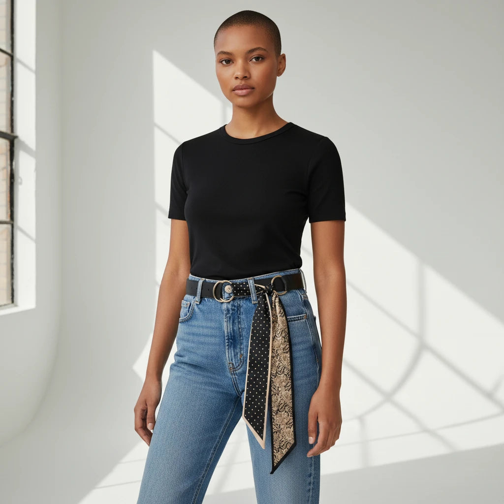 Svart Scarf Bälte – Klassisk Elegans för Varje Outfit