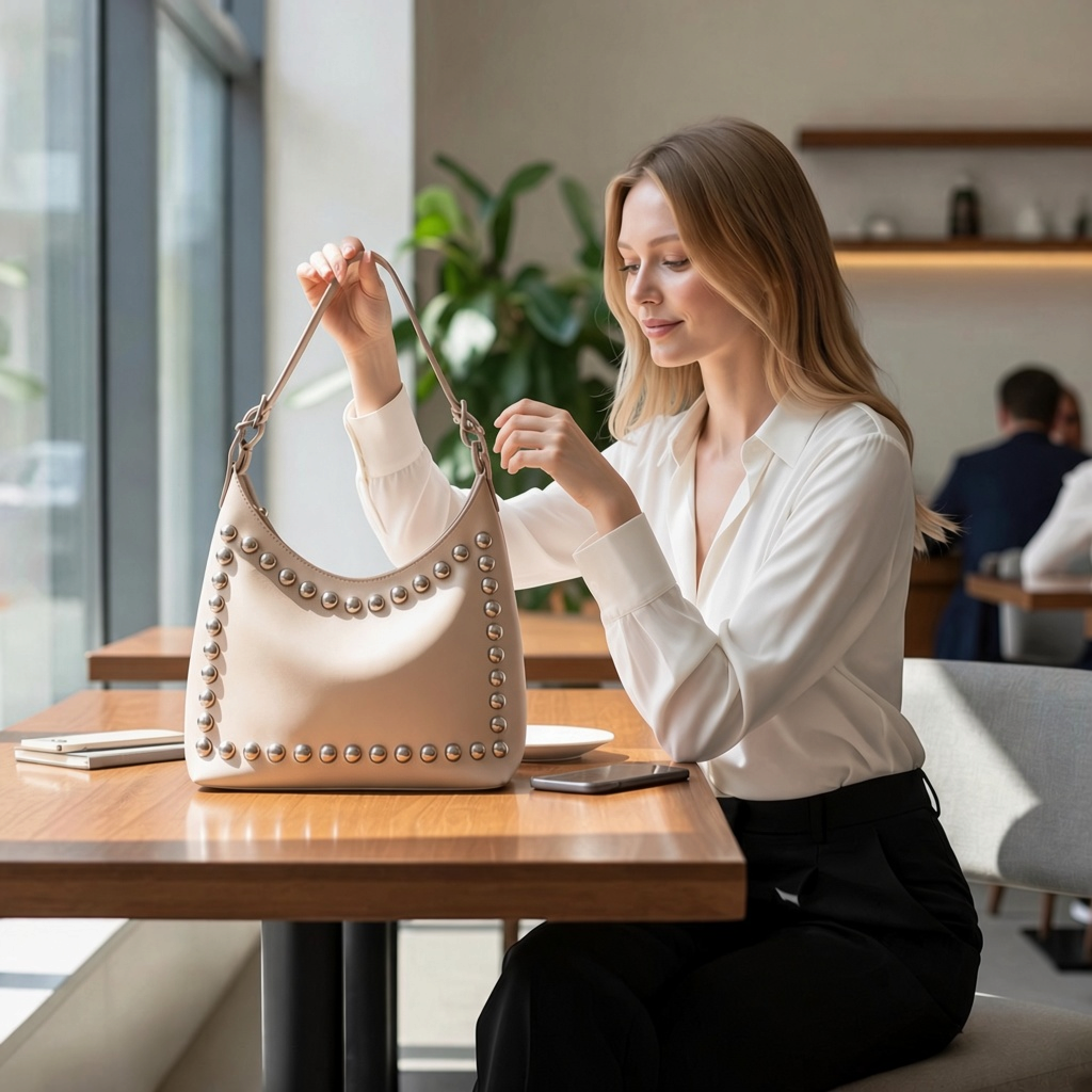 Beige Axelremsväska med Nitar