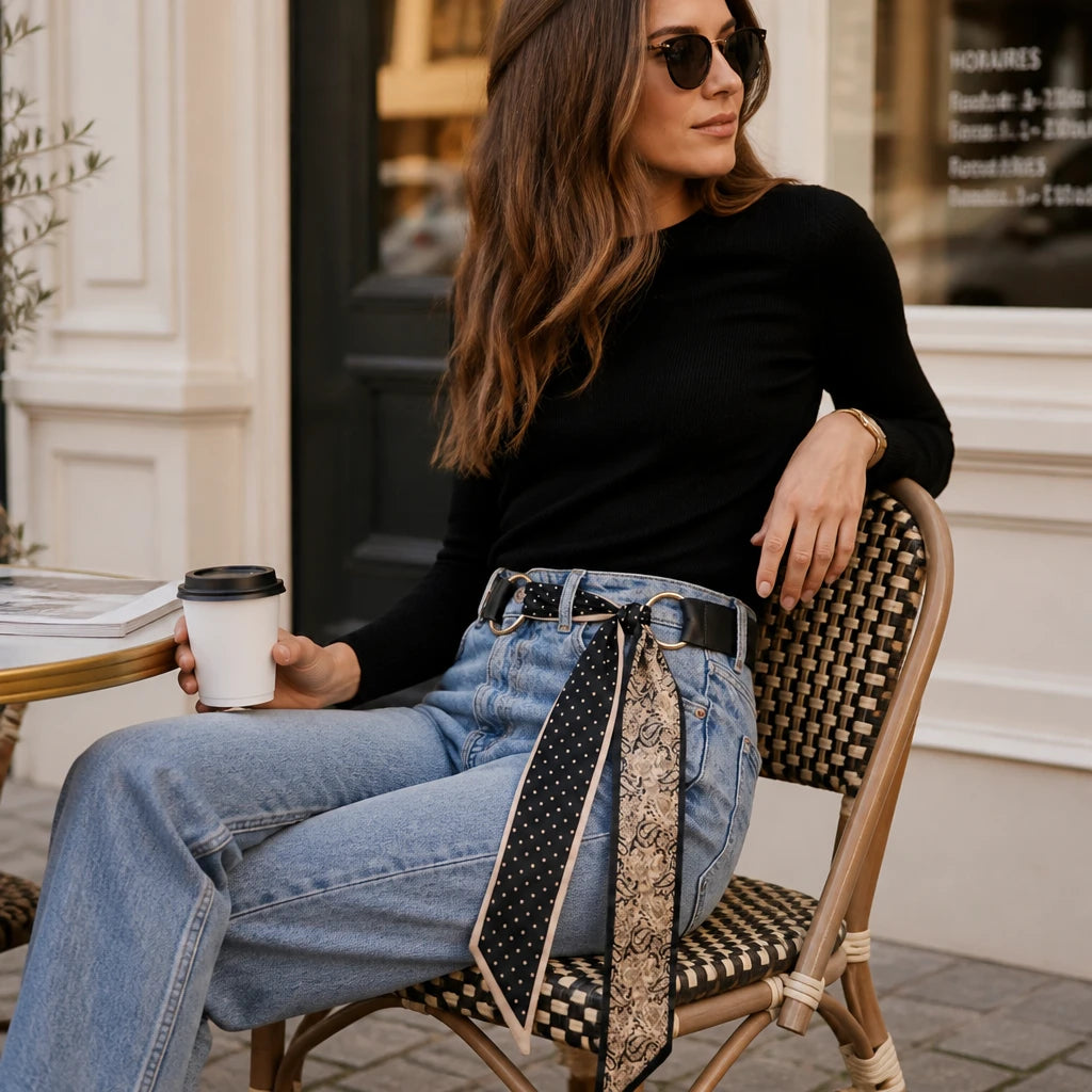 Svart Scarf Bälte – Klassisk Elegans för Varje Outfit