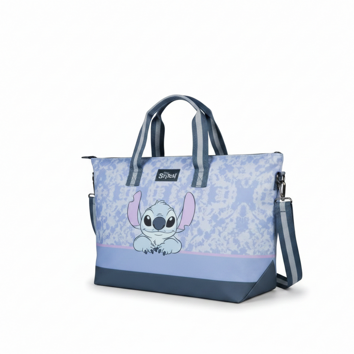MiRA rymlig axelremsväska för barn i blå polyester med Stitch-motiv, randiga handtag och justerbar axelrem.