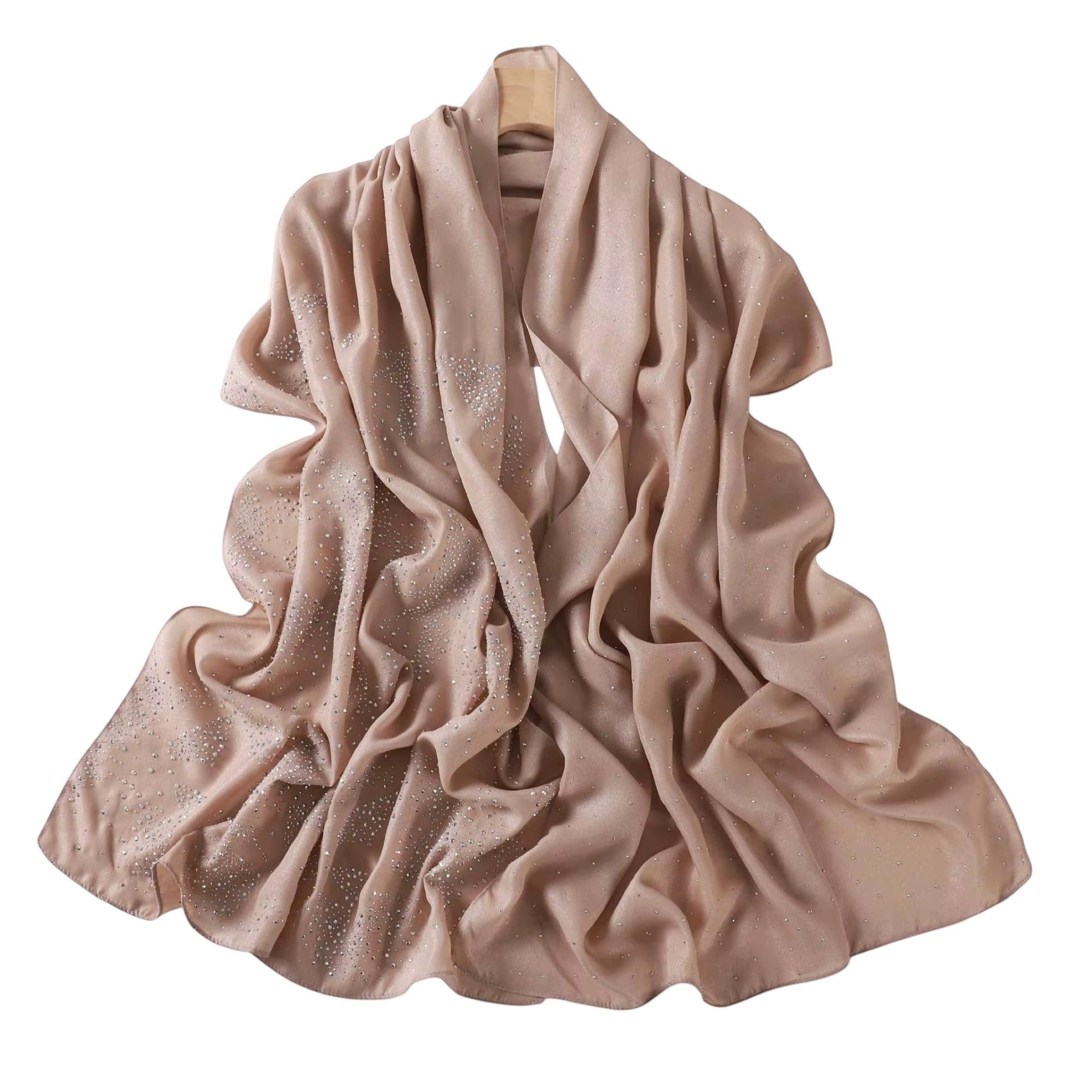 MiRA sjal i beige polyester med subtil glitterfinish och elegant drapering för fest och vardag.