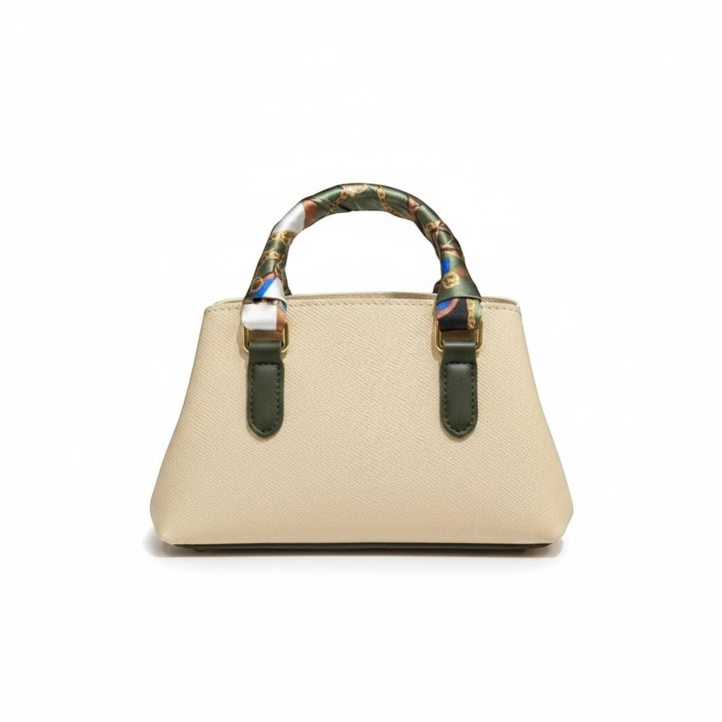 MiRA beige mini-handväska i veganskt läder med gröna handtag och dekorativ mönstrad scarf