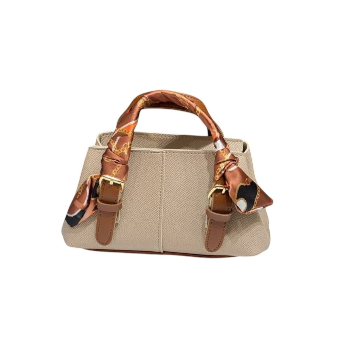 MiRA mini handväska i beige veganskt läder med bruna detaljer och en dekorativ scarf knuten runt handtaget.