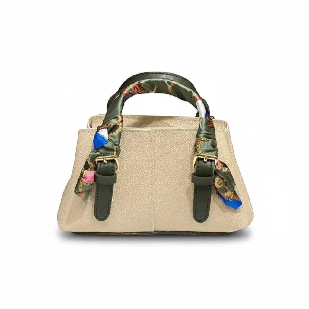 MiRA beige minihandväska i veganskt läder med gröna handtag och dekorativ mönstrad scarfdetalj
