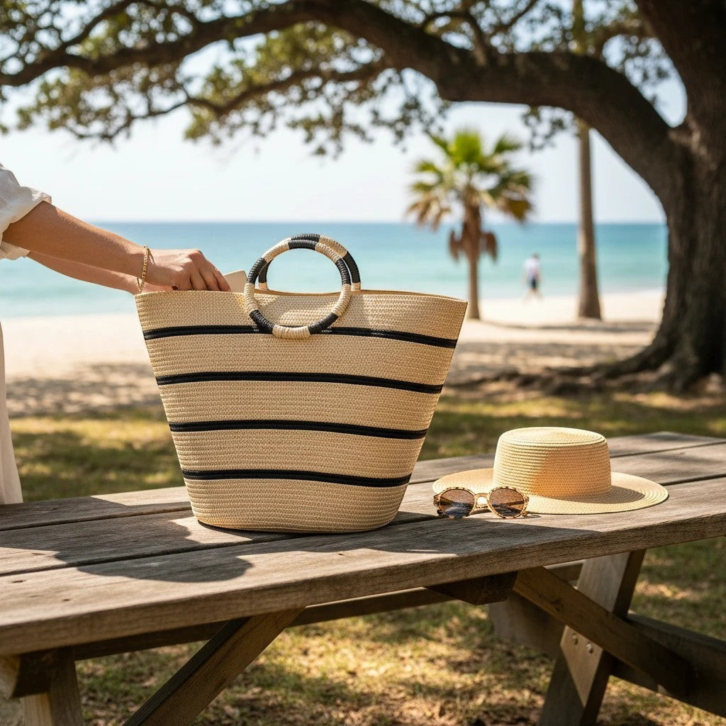 MiRA beige och svart randig strandväska med runda handtag placerad på ett träbord vid stranden.