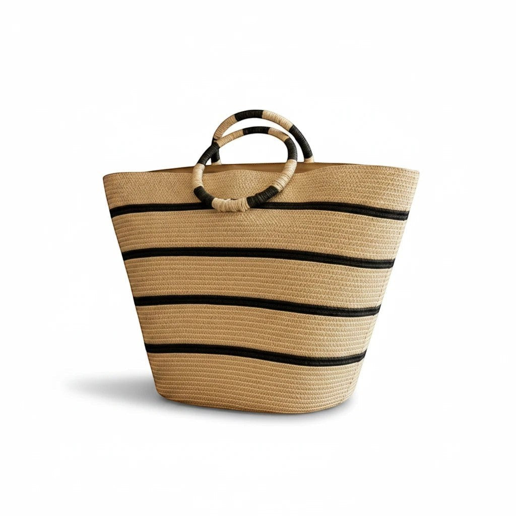 MiRA strandväska i beige med svarta ränder och runda handtag, 38x28 cm