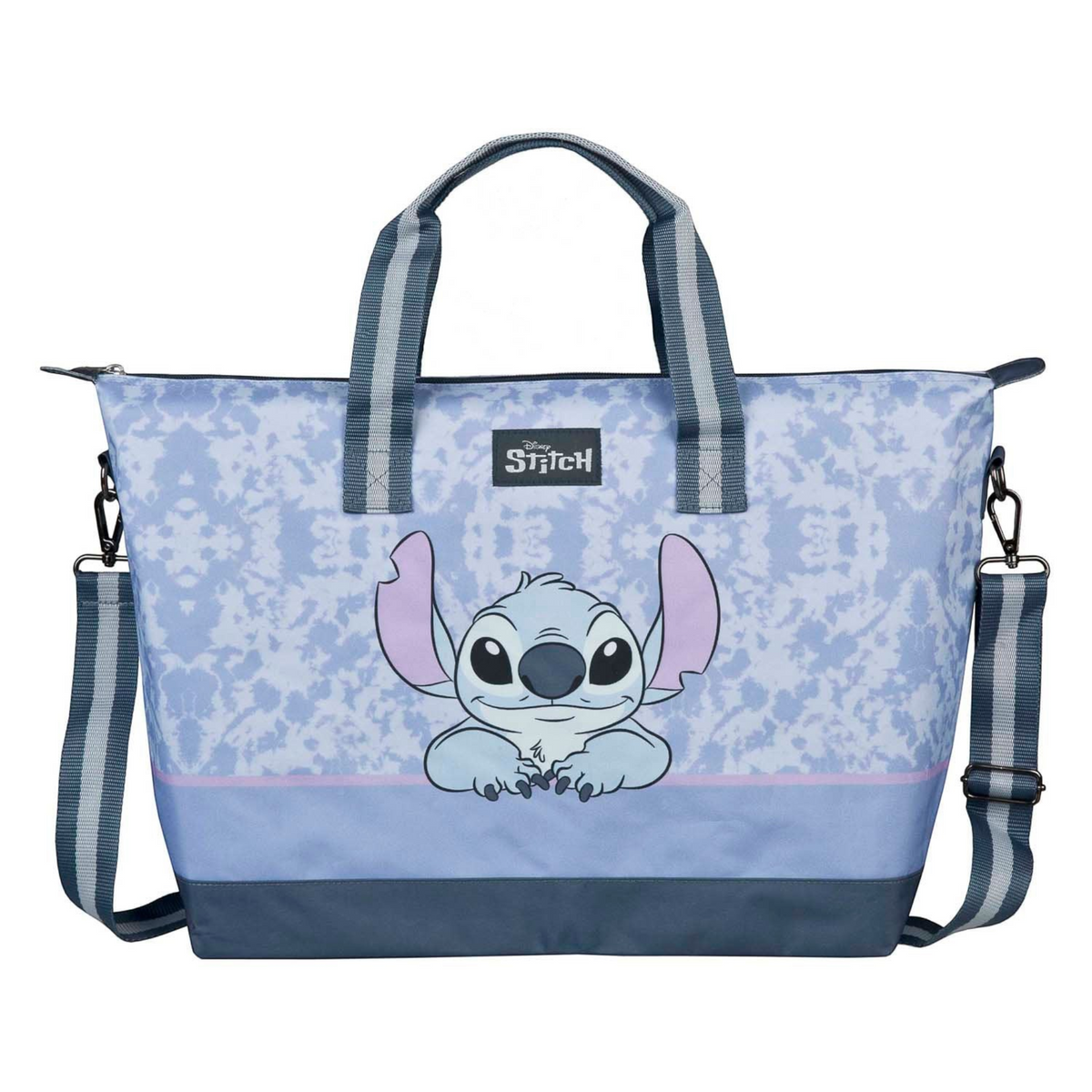 MiRA rymlig blå axelremsväska för barn i polyester med Stitch-motiv, randiga handtag och justerbar axelrem.