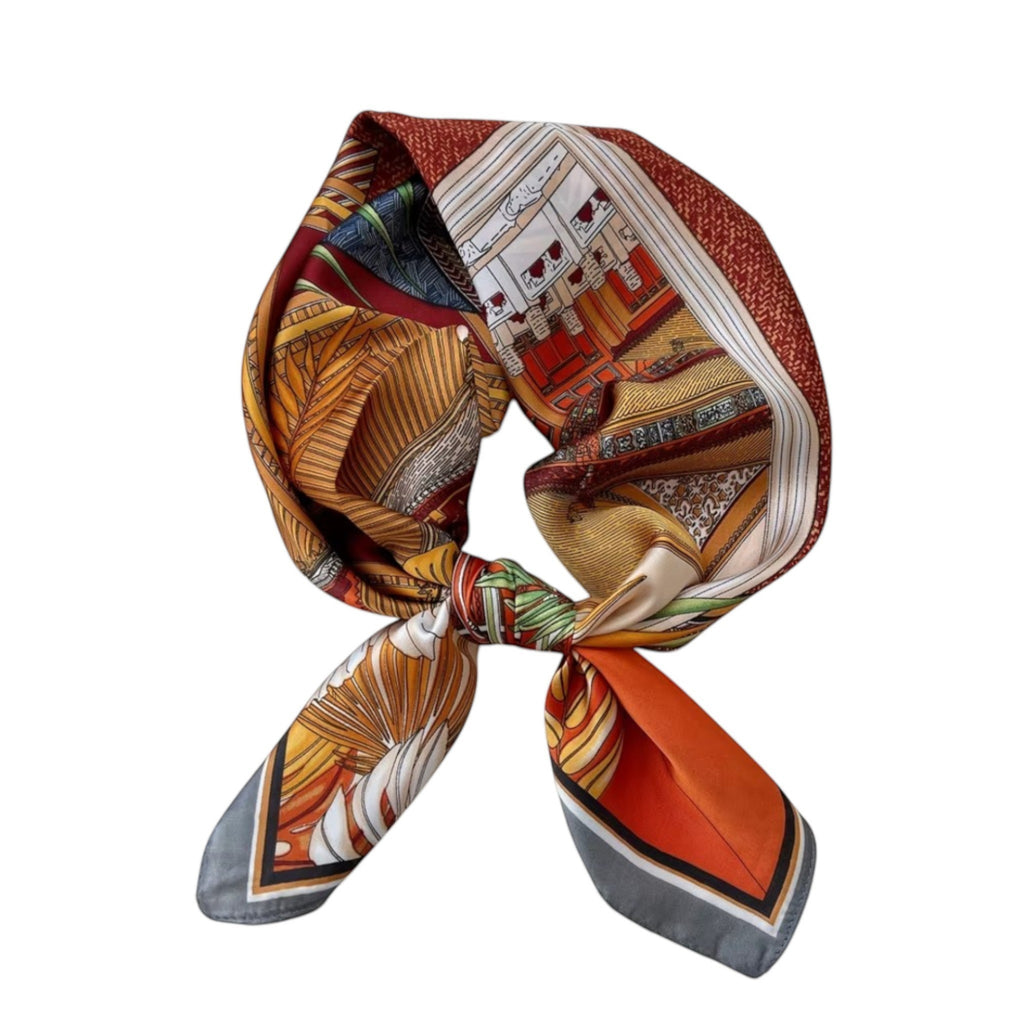 MiRA scarf i mjuk polyester med ett färgglatt blommönster och geometriska detaljer i orange och guldtoner.