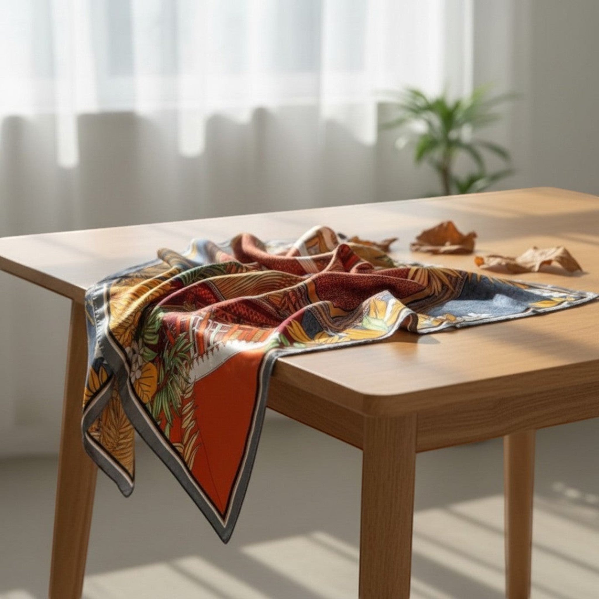 MiRA scarf med färgglatt blommönster i mjuk polyester, placerad på ett träbord i naturligt ljus.