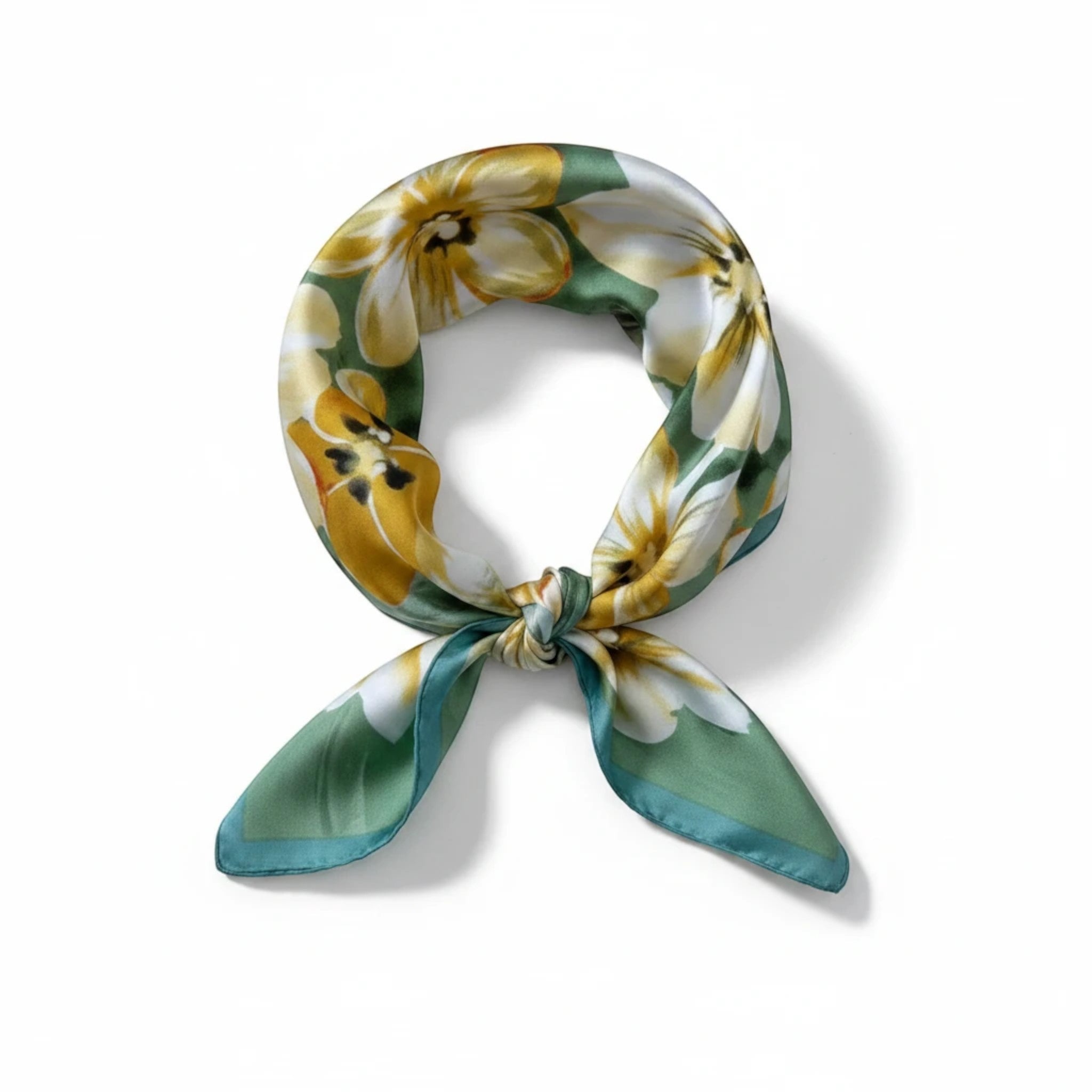 MiRA scarf i mjuk polyester med elegant blommönster i gröna och gula toner, knuten i en tidlös design.