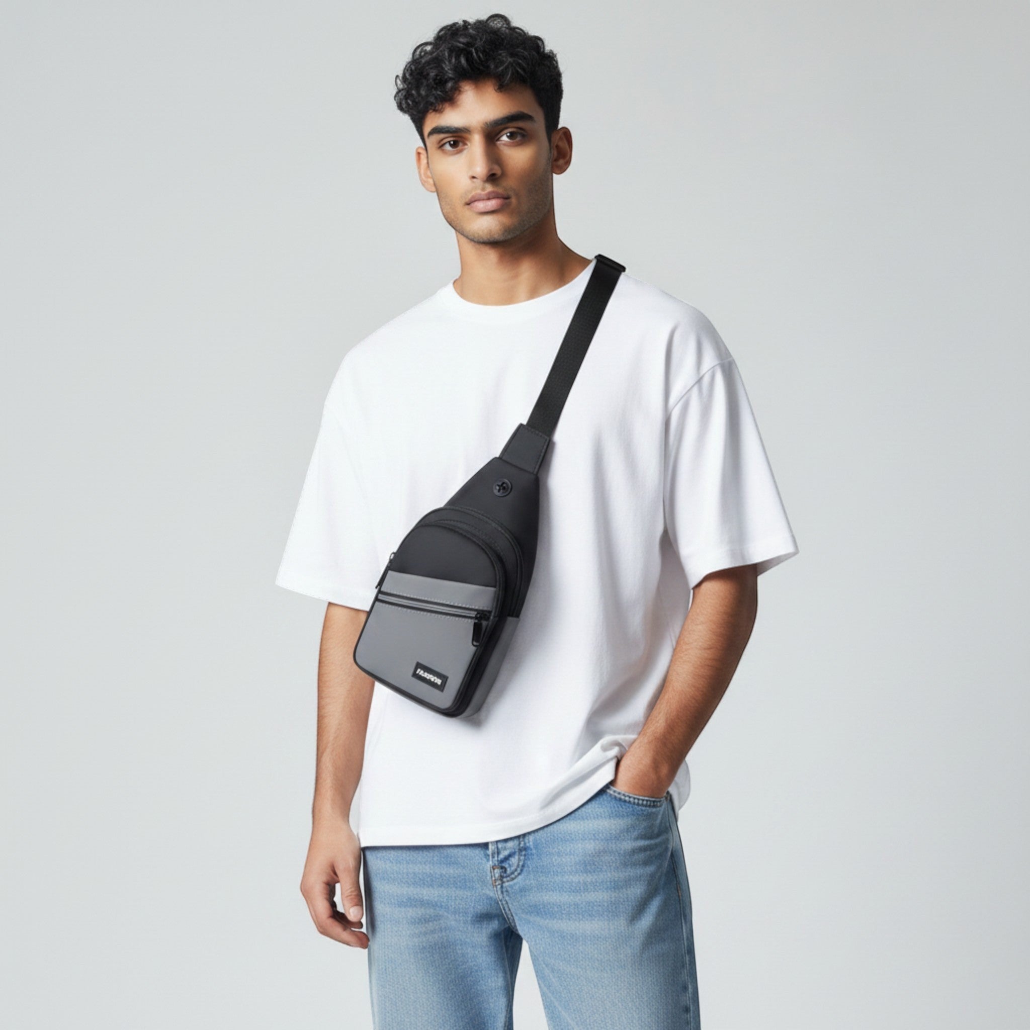 MiRA crossbodyväska för herr i svart och grått vattenavvisande material buren över bröstet av en man i vit t-shirt.