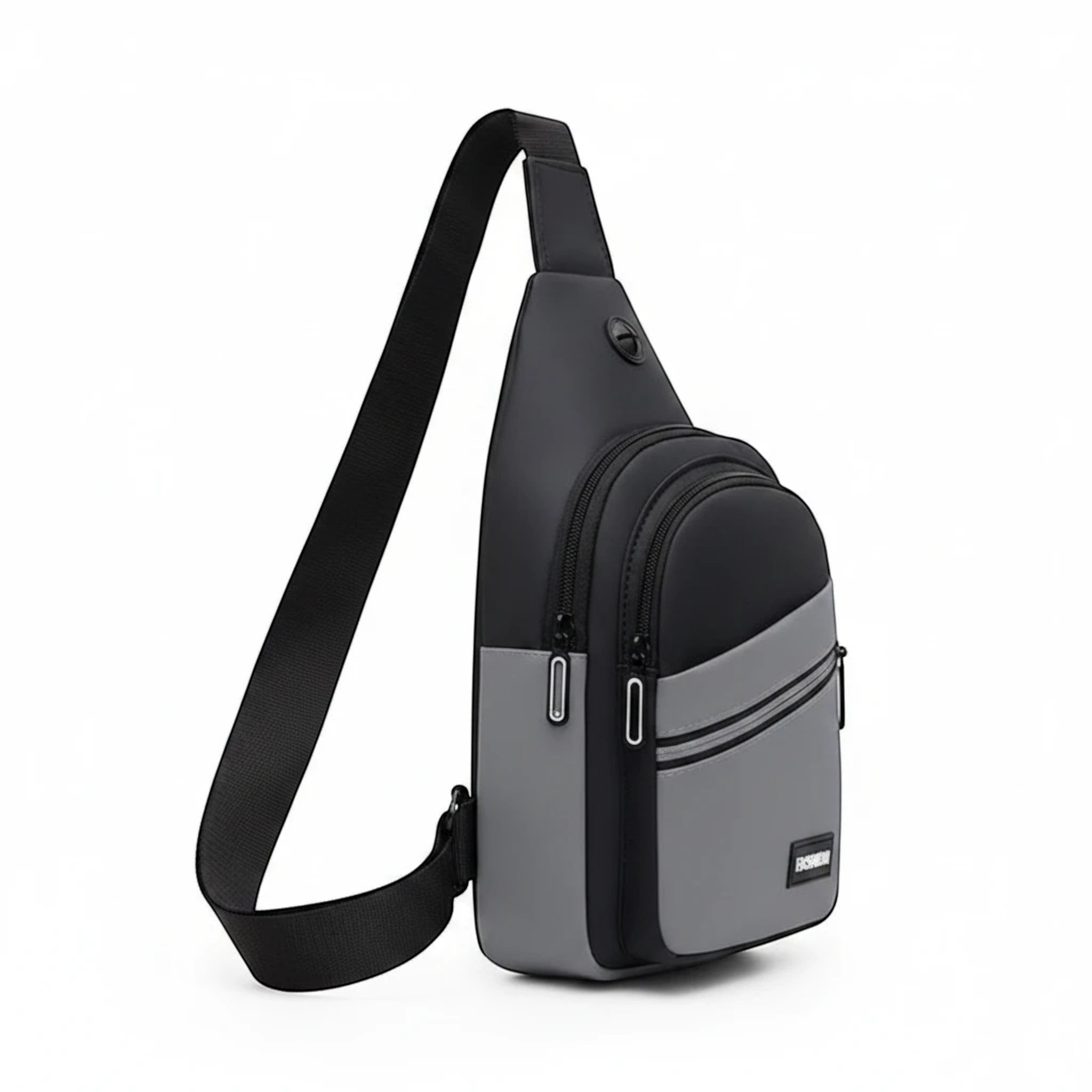 MiRA crossbodyväska för herrar i svart och grått vattenavvisande material med justerbar axelrem och flera fack.