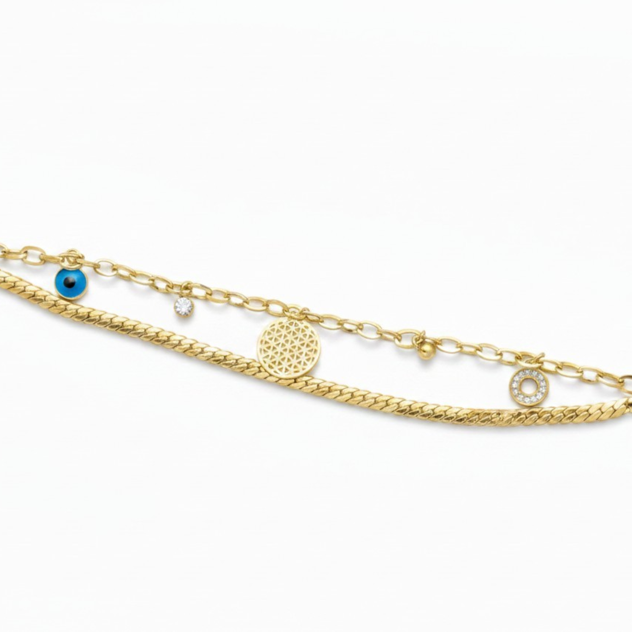 MiRA dubbelt armband i guldtonat rostfritt stål med pansarlänk, fin kedja, livets blomma och turkiskt öga.