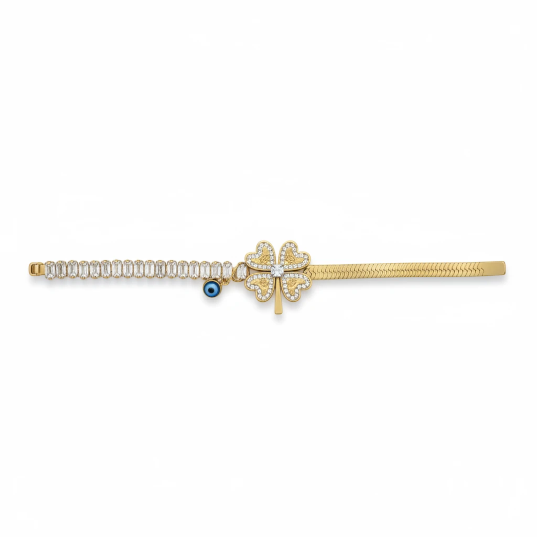 MiRA guldtonat armband i 316L rostfritt stål med fyrklöver, gnistrande stenar och en liten blå ögondetalj.
