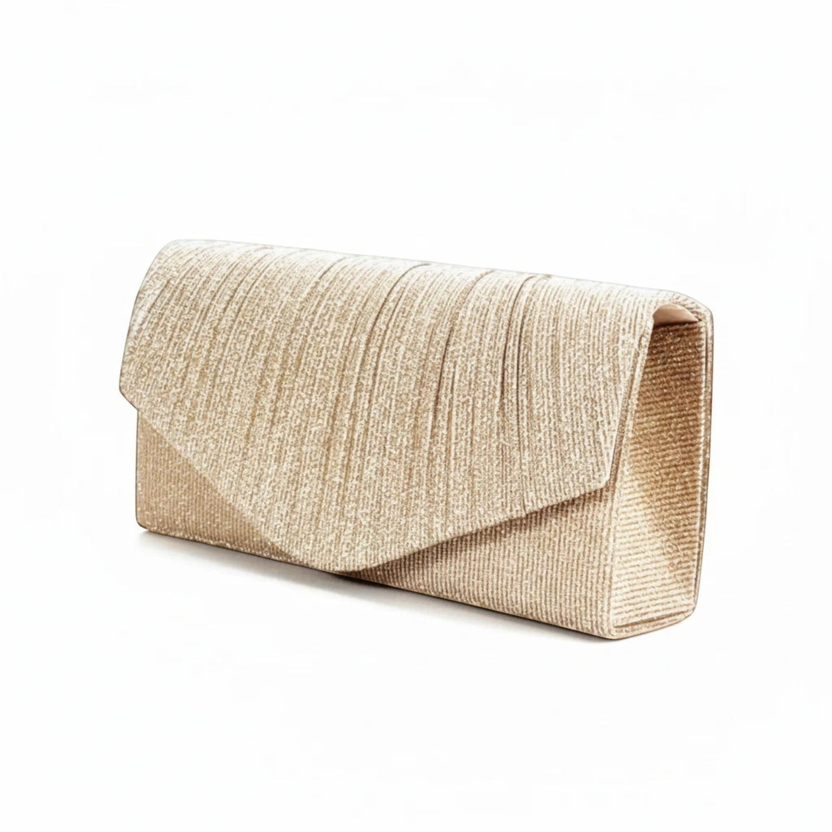MiRA elegant kuvertväska i guld med veckad textur, perfekt som clutch för festliga tillfällen och bröllop.