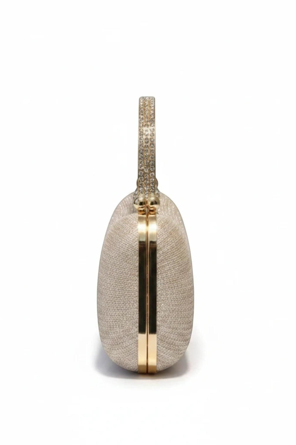 MiRA guldfärgad festväska i stel design med glittrande handtag och metallås, perfekt för bröllop och galor.