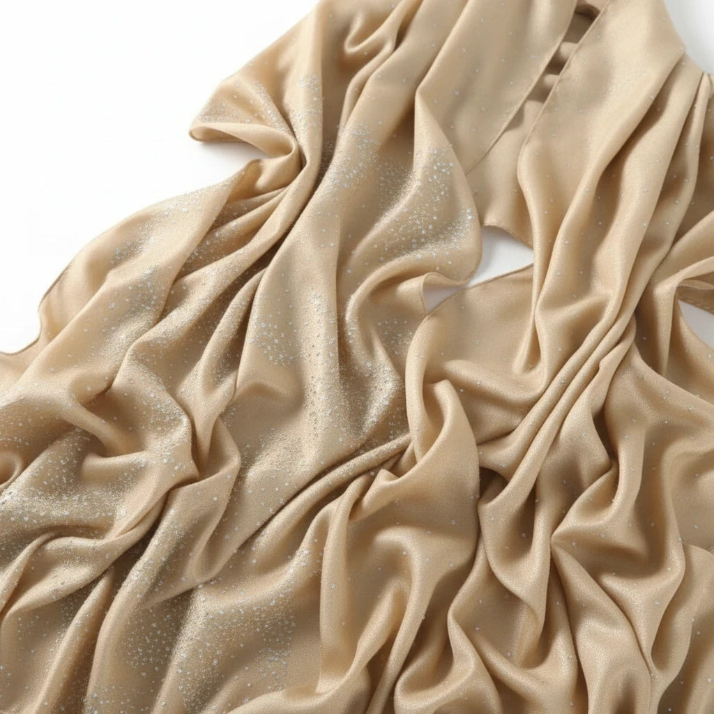 MiRA guldfärgad sjal i polyester med glittriga detaljer, perfekt för festliga tillfällen och bröllop.