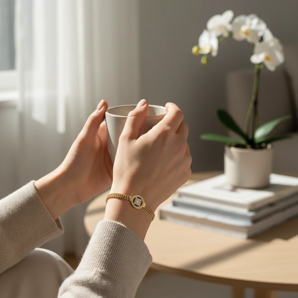 MiRA guldfärgat armband med cirkulär detalj och gnistrande stenar på en person som håller i en kaffekopp
