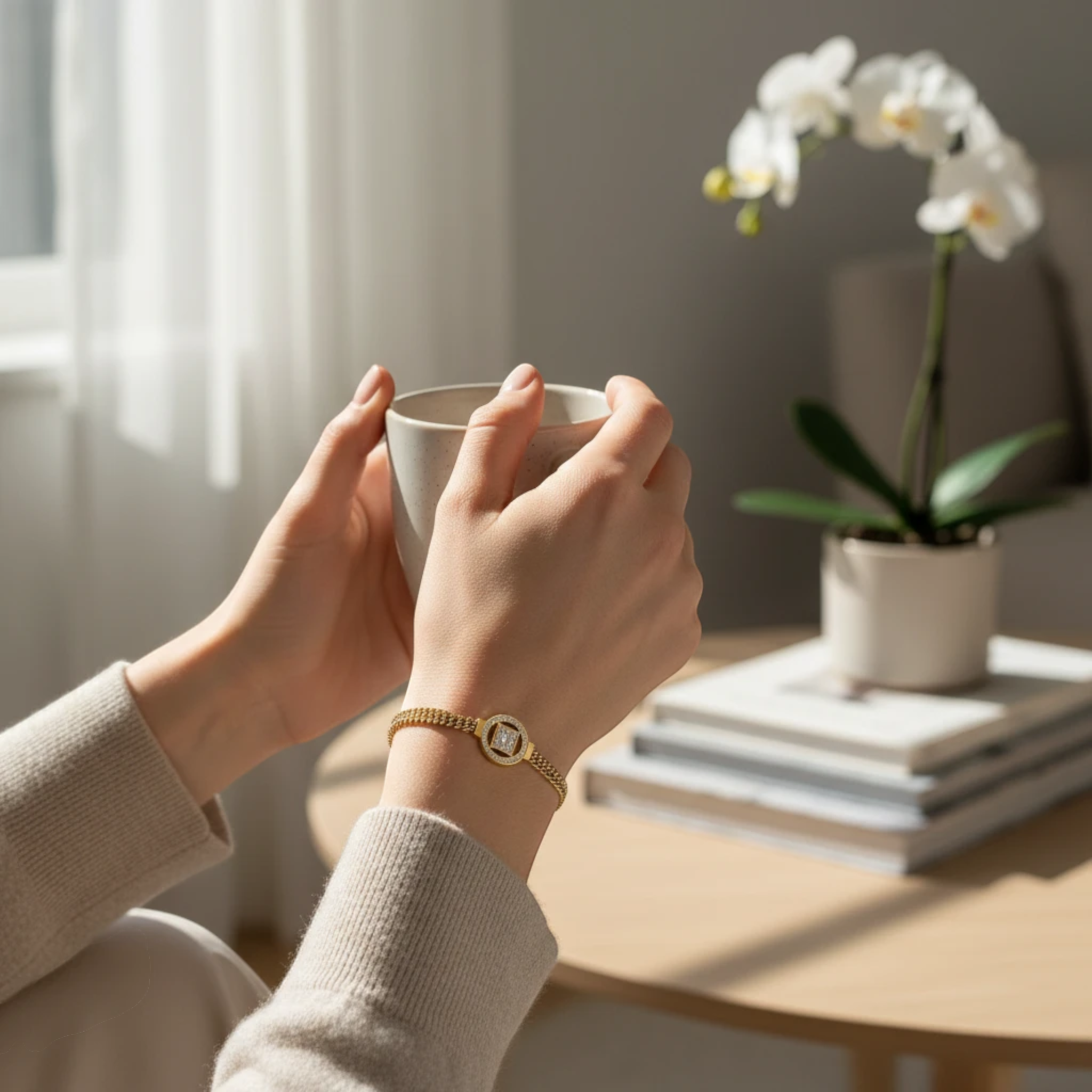 MiRA guldfärgat armband med cirkulär detalj och gnistrande stenar på en person som håller i en kaffekopp