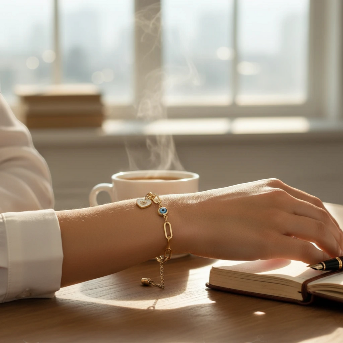 MiRA guldfärgat länkad armband med hjärta och evil eye-berlocker på en handled vid ett skrivbord med kaffekopp.