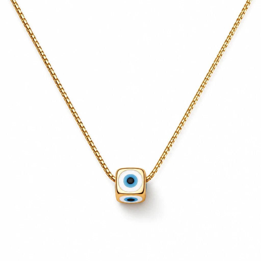 MiRA guldhalsband i rostfritt stål med en fyrkantig nazar boncugu evil eye-berlock på en tunn kedja.