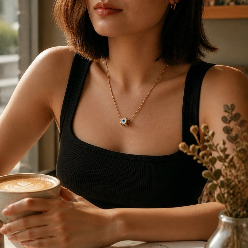 MiRA guldhalsband i rostfritt stål med fyrkantig nazar boncugu evil eye-berlock på en kvinna vid ett cafébord