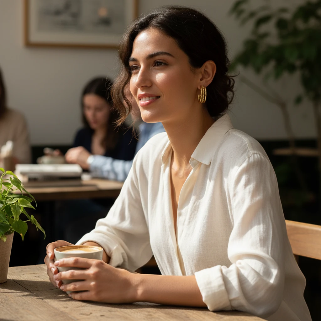 Kvinna bär MiRA eleganta guldpläterade creoler med tvinnad textur och tre sammanlänkade ringar på ett café.