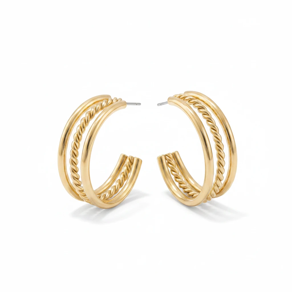 MiRA guldpläterade creoler med tre sammanlänkade ringar, varav en med tvinnad textur för en elegant look.