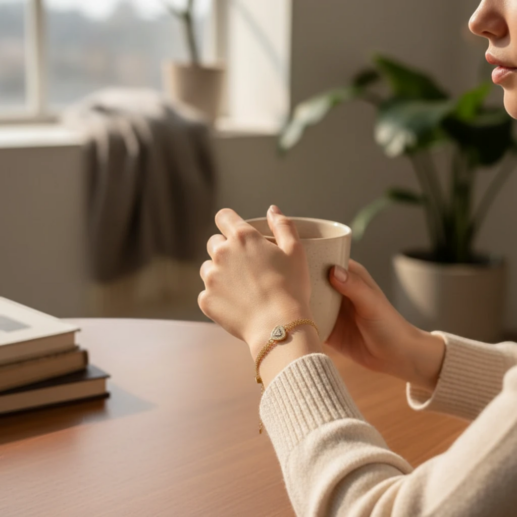 MiRA guldtonat armband med hjärtformat smycke prytt med gnistrande stenar