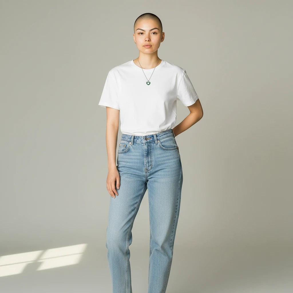 MiRA halsband i rostfritt stål med hjärtformat hänge prytt med gröna stenar på en modell i vit t-shirt.