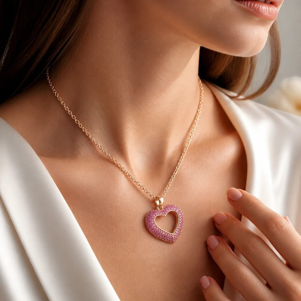 MiRA halsband i guldpläterat rostfritt stål med hjärtformat hänge prytt med rosa stenar på en kvinna.