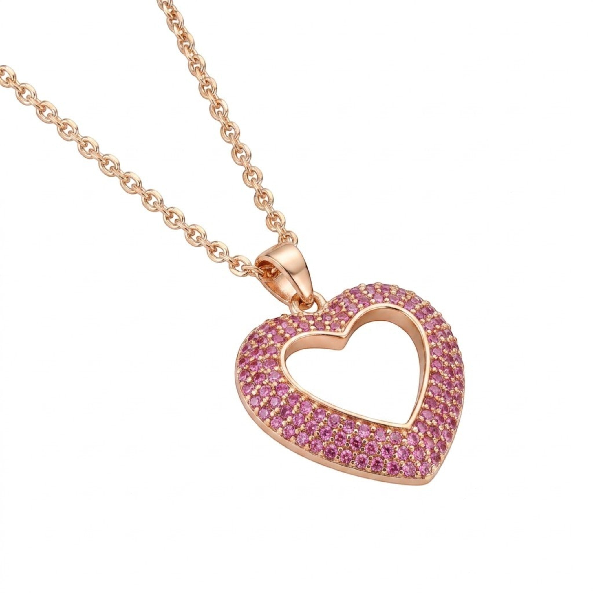 MiRA halsband i guldpläterat rostfritt stål med hjärtformat hänge prytt av små rosa stenar.
