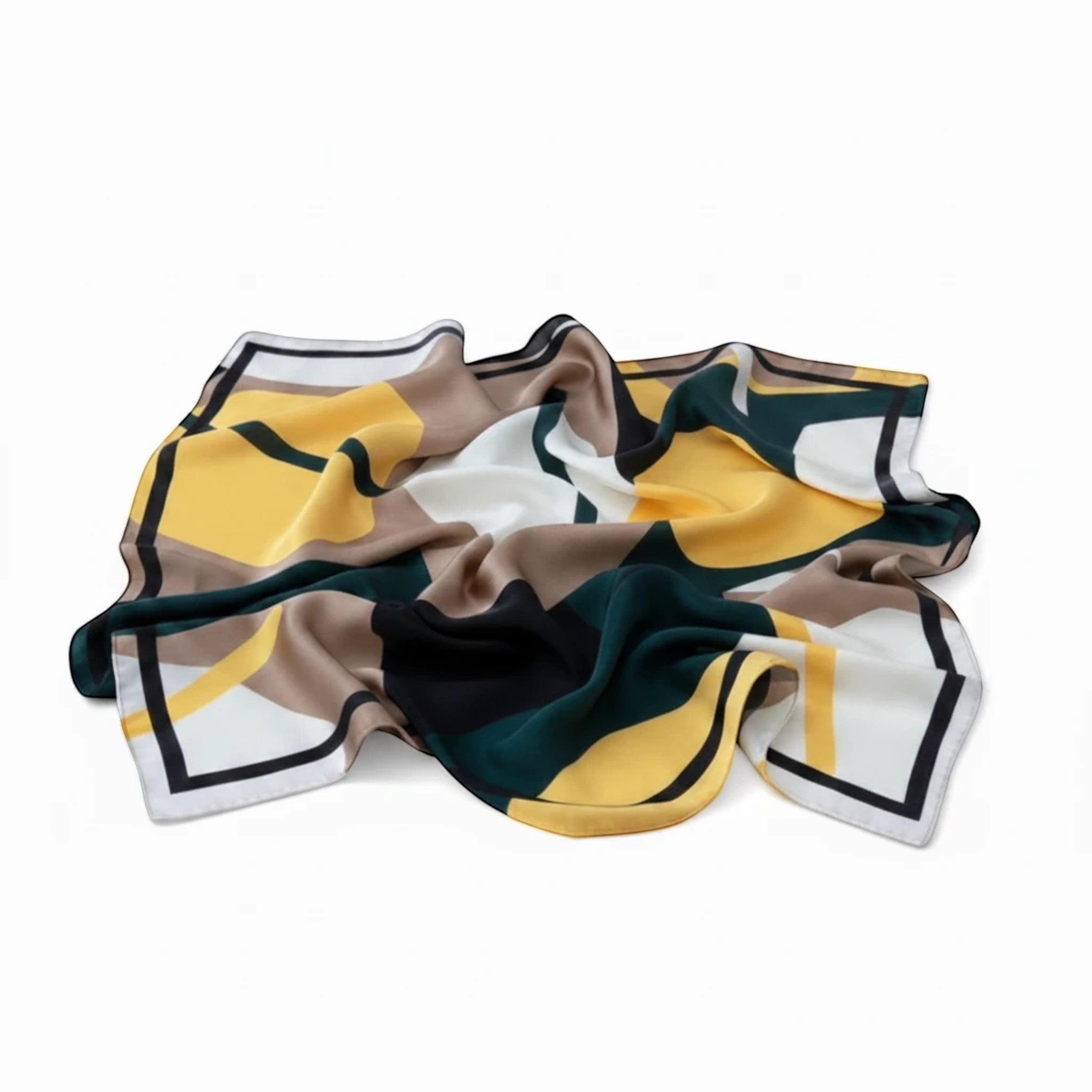 MiRA halsduk i polyester med geometriskt mönster i gult, grönt, vitt och beige mot vit bakgrund.