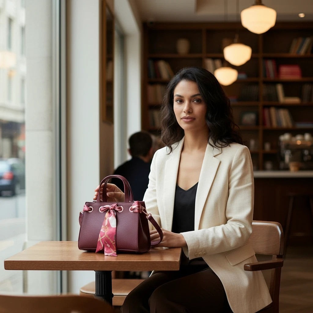 MiRA handväska i vinrött veganskt läder med dekorativ scarf, buren av kvinna i elegant kavaj på café.