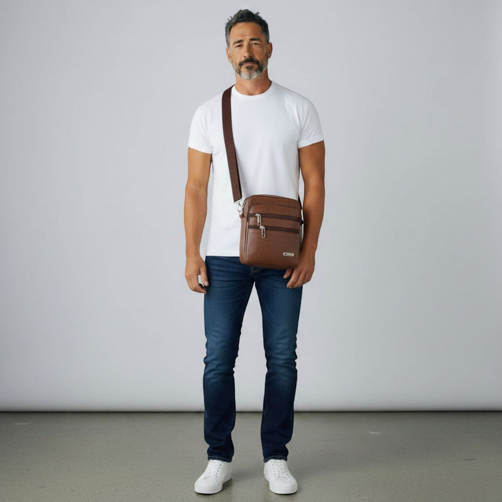 MiRA herr väska i brunt konstläder med justerbar axelrem buren av en man i vit t-shirt och jeans