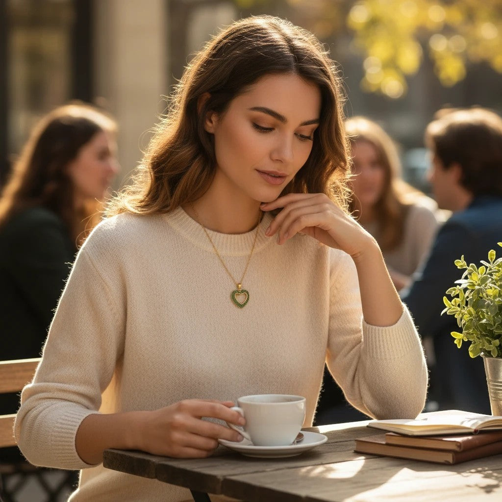 MiRA hjärtformat halsband i guldpläterat rostfritt stål med gröna stenar buret av kvinna på café