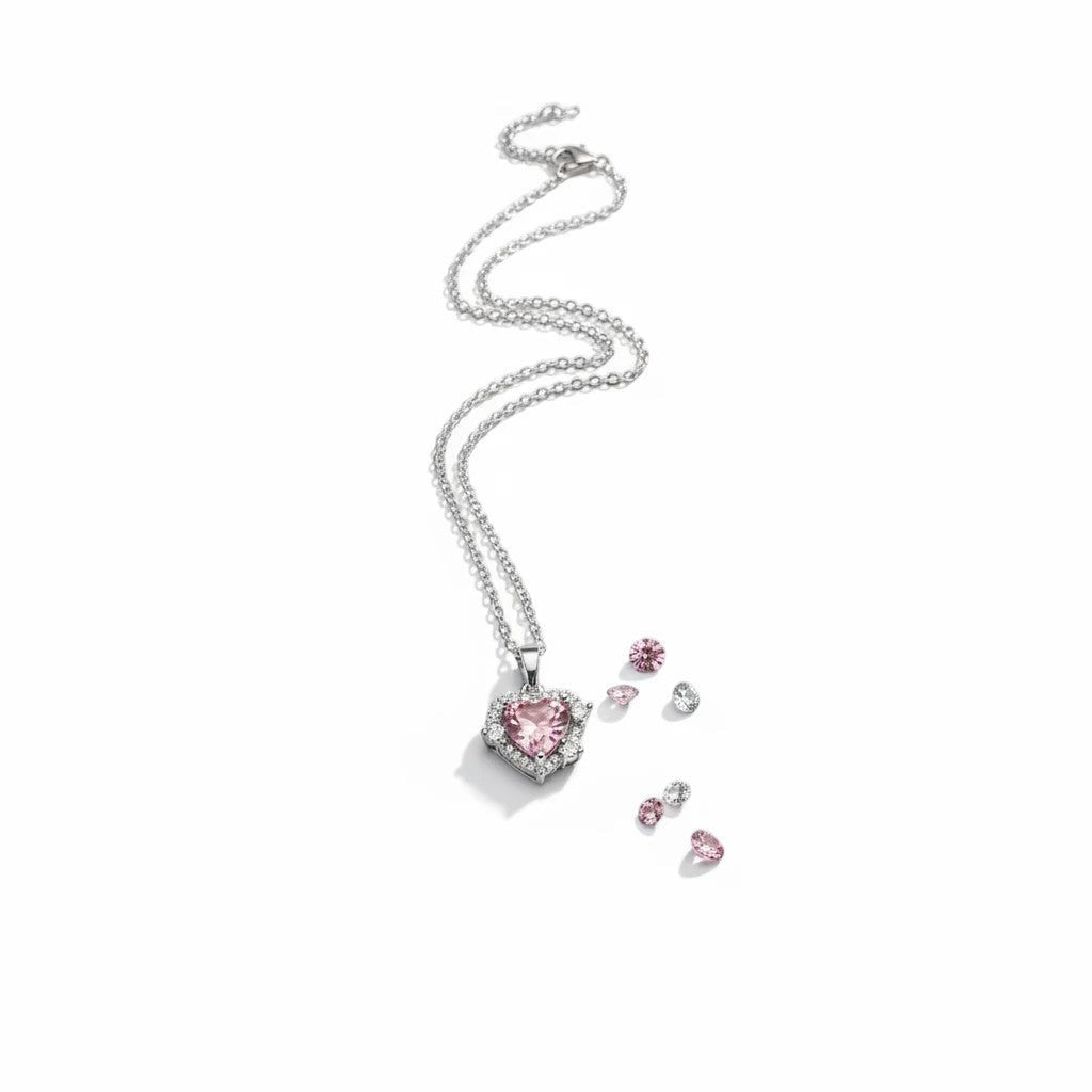 MiRA hjärtformat halsband i silver med rosa sten och gnistrande kristaller på en nätt kedja