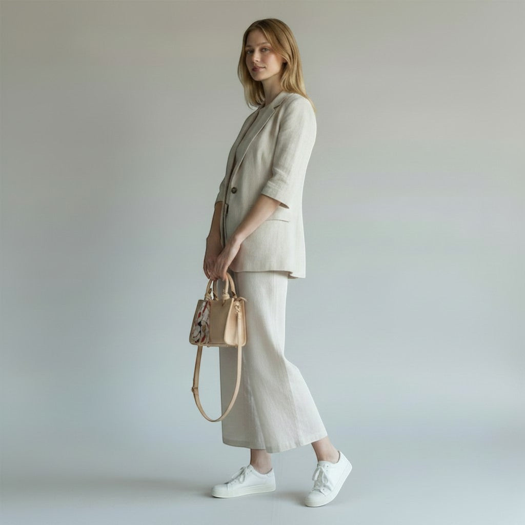MiRA krämvit axelväska i veganskt läder med plisserad textur och dekorativ scarf, buren av modell i beige kostym.