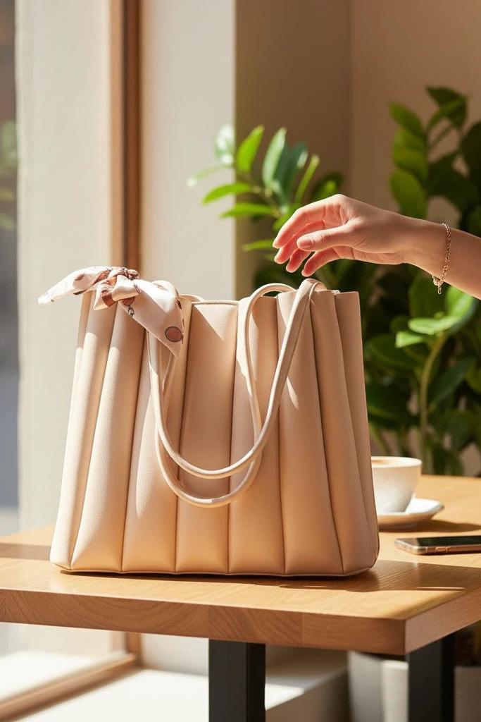 MiRA krämvit handväska i plisserat veganskt läder med matchande scarf på ett bord vid ett fönster