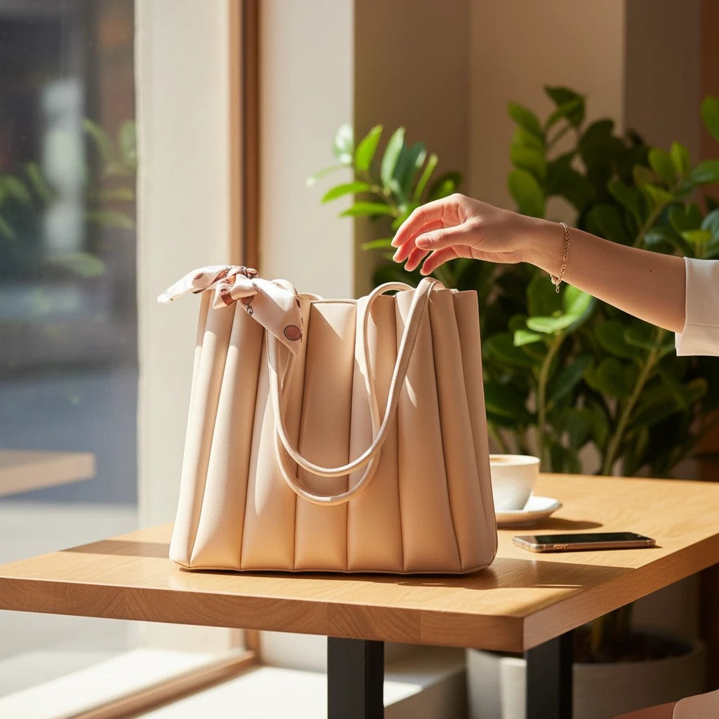 MiRA krämvit handväska i plisserat veganskt läder med matchande scarf på ett bord vid ett fönster