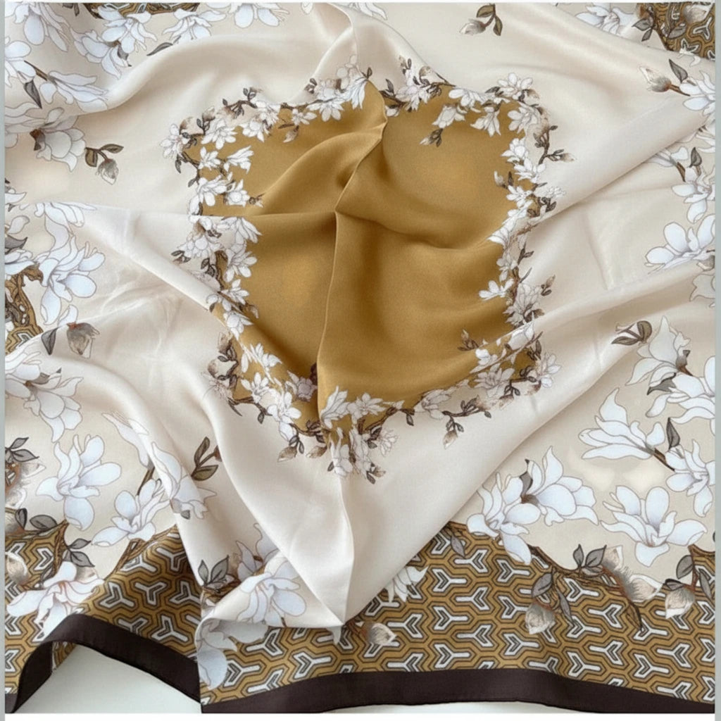 MiRA kvadratisk sjal med blommigt mönster i beige, guld och mörkbrunt med en mjuk lyster och geometriska detaljer.
