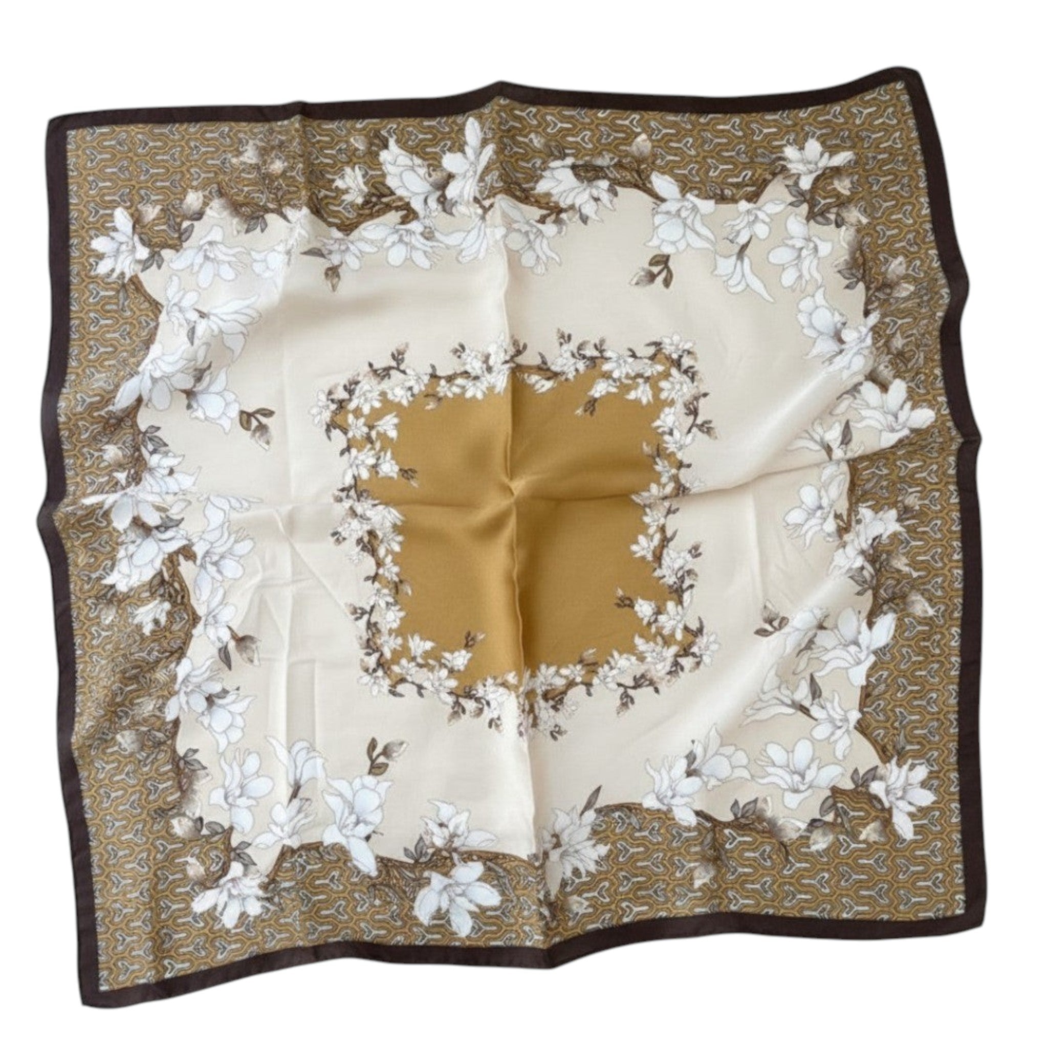 MiRA kvadratisk sjal med blommigt mönster i beige, guld och mörkbrunt med en elegant ram och mjuk lyster.