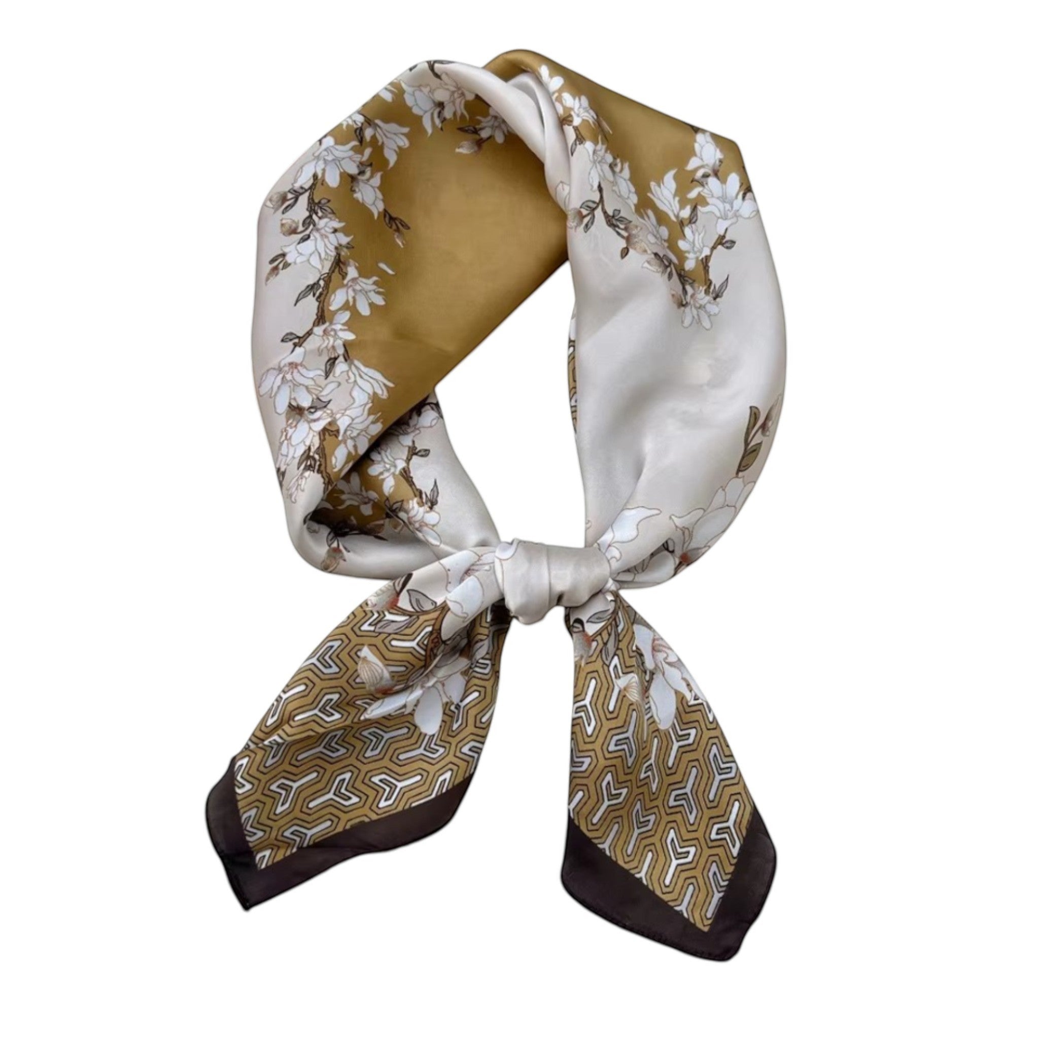 MiRA fyrkantig sjal med blommigt mönster i beige, guld och mörkbrunt i ett mjukt material med lätt lyster.