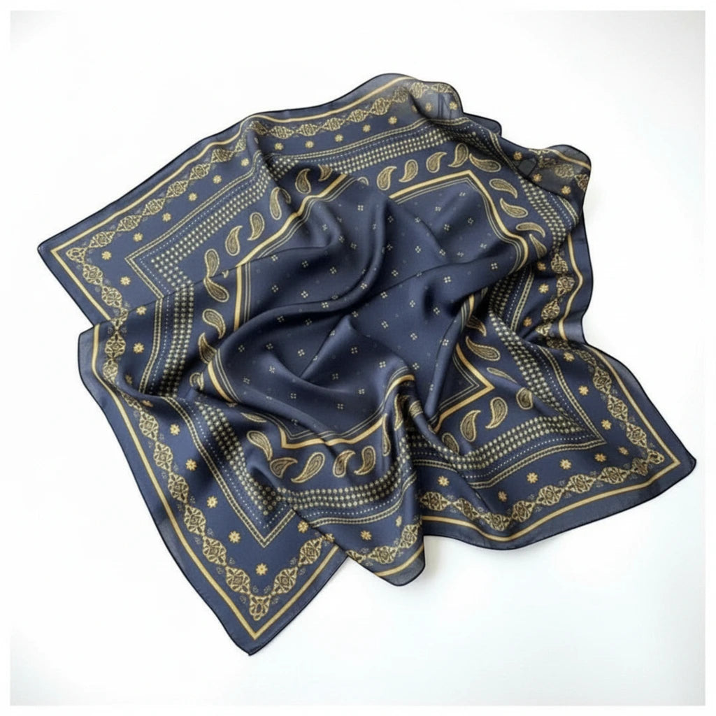 MiRA kvadratisk scarf i marinblått med ett sofistikerat geometriskt mönster i guldtoner och mjukt polyestermaterial.