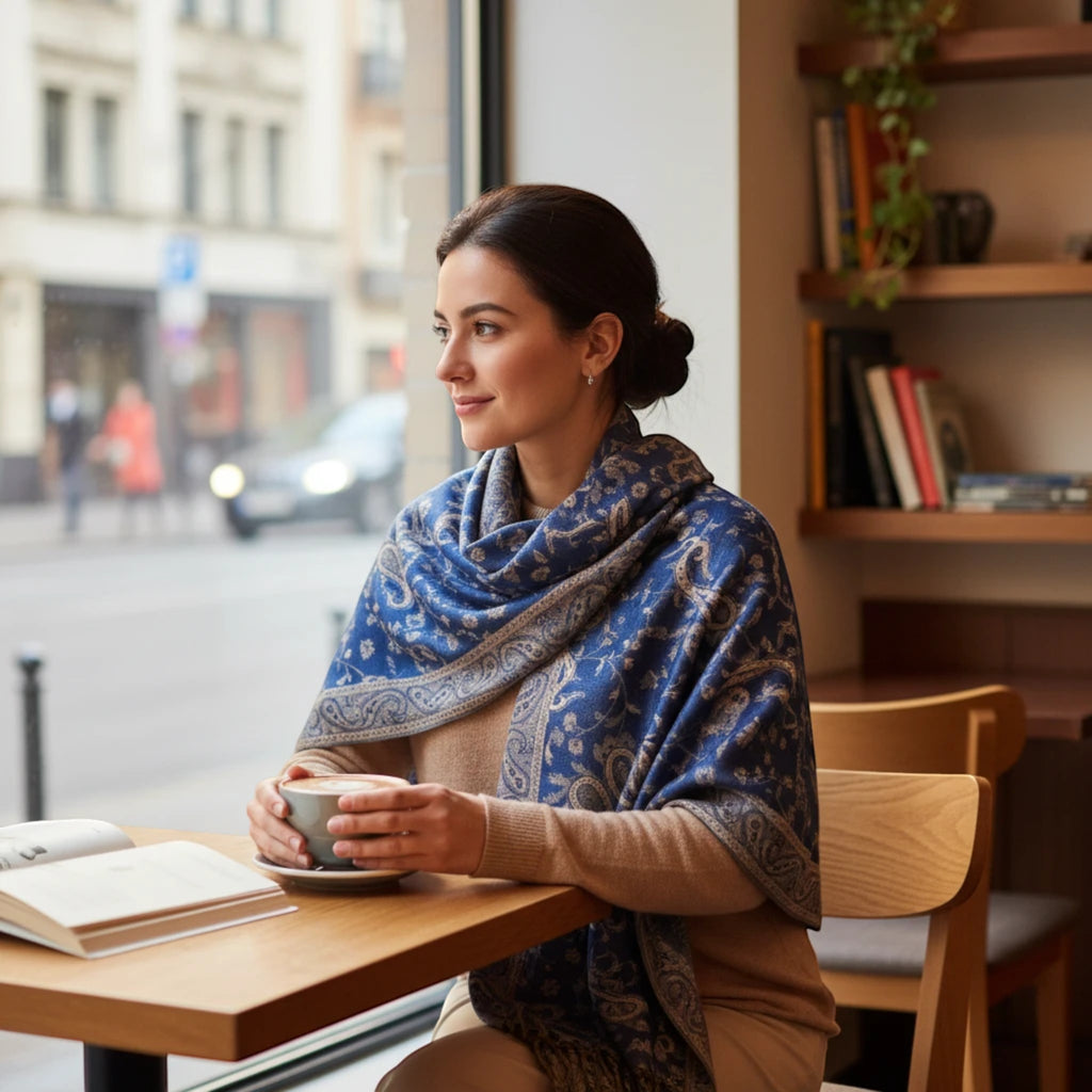 Kvinna bär en mönstrad MiRA kashmir-sjal med paisley-mönster och fransar vid ett cafébord.
