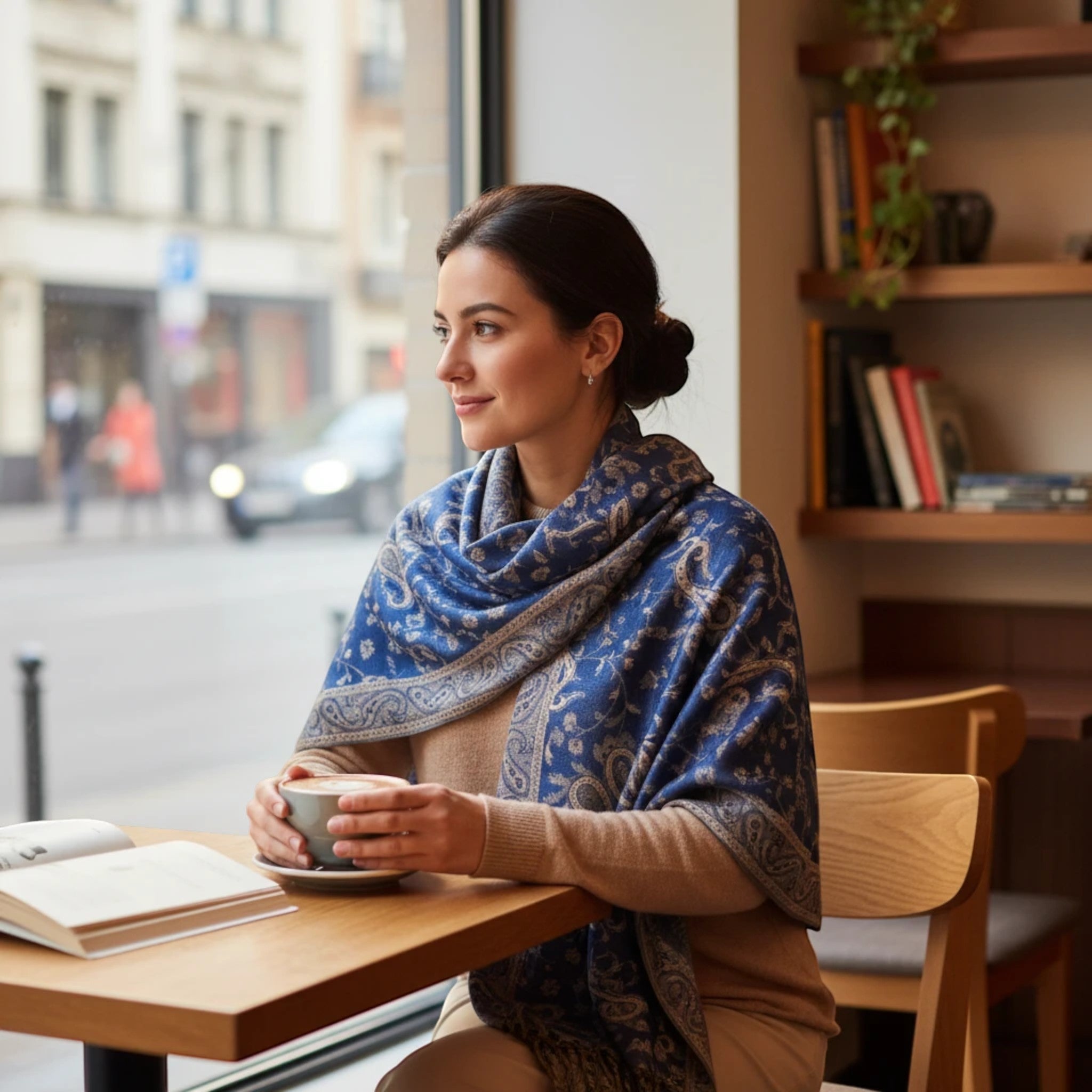 Kvinna bär en mönstrad MiRA kashmir-sjal med paisley-mönster och fransar vid ett cafébord.