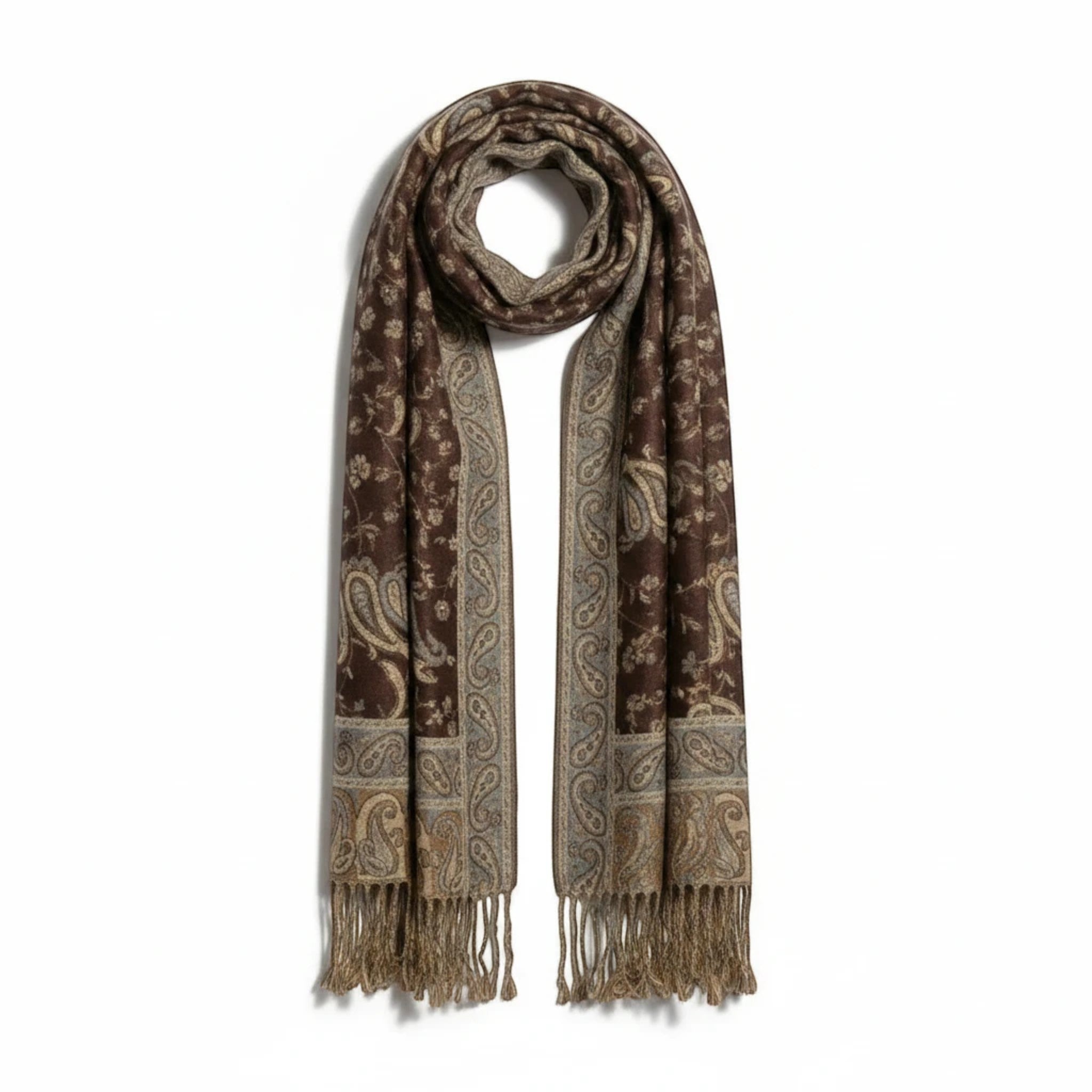 MiRA mönstrad kashmirsjal i brunt med paisley-mönster och fransar längs kanterna för en elegant stil.