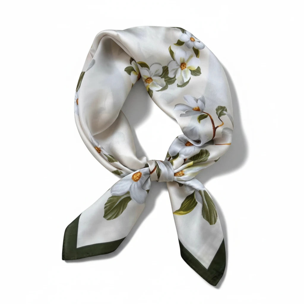 MiRA mönstrad scarf i vit polyester med blommigt motiv och grön kantdetalj