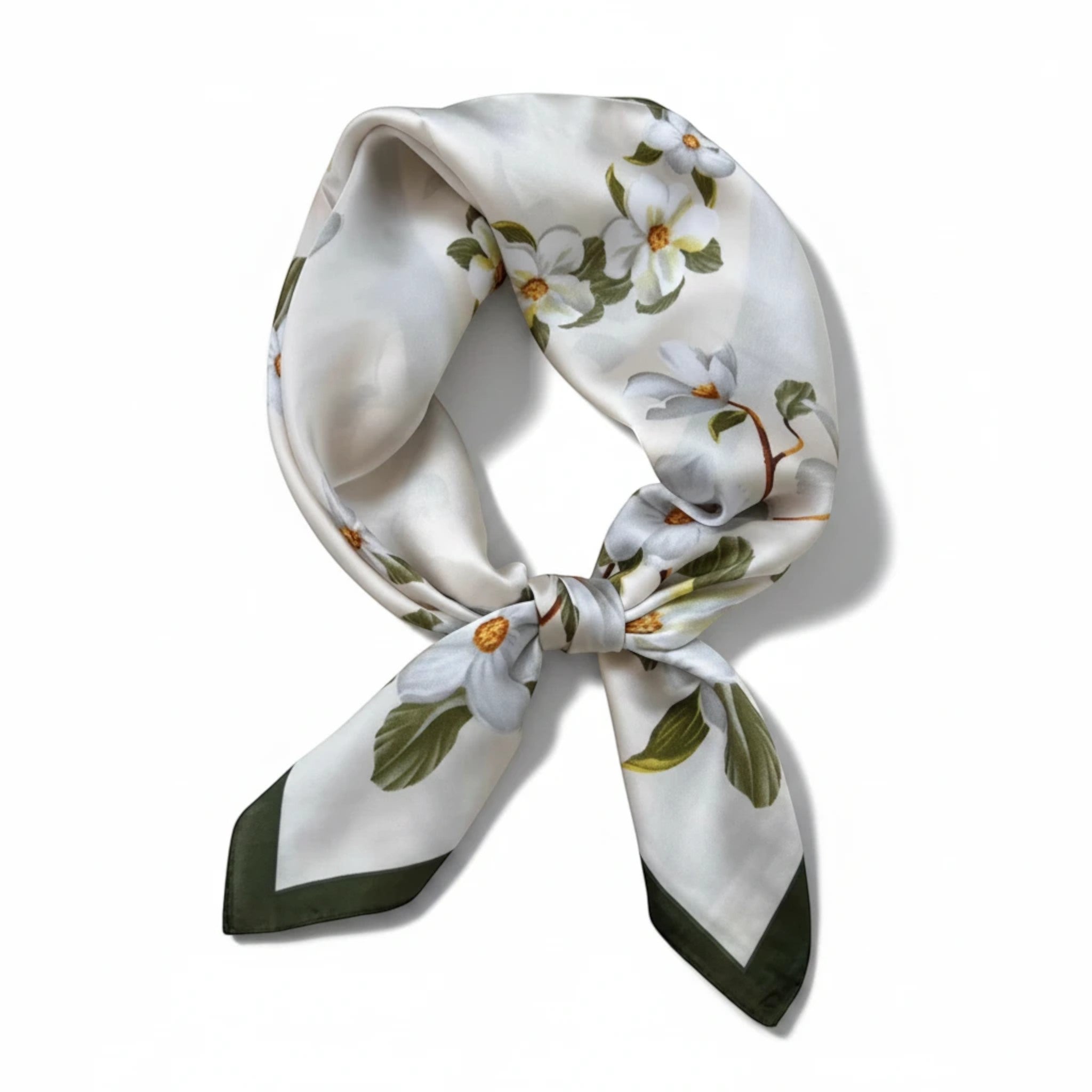 MiRA mönstrad scarf i vit polyester med blommigt motiv och grön kantdetalj