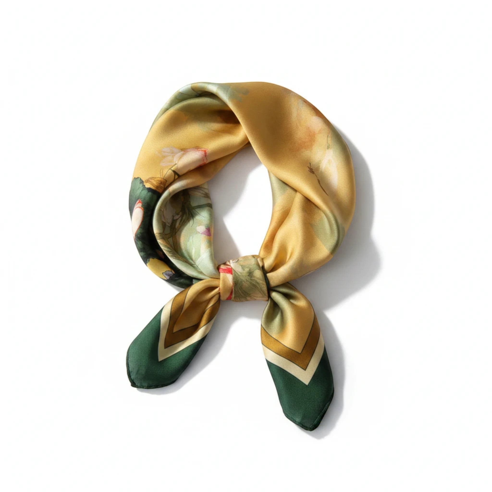 MiRA mönstrad scarf i sidenliknande polyester med blommiga detaljer i guldgult och grönt